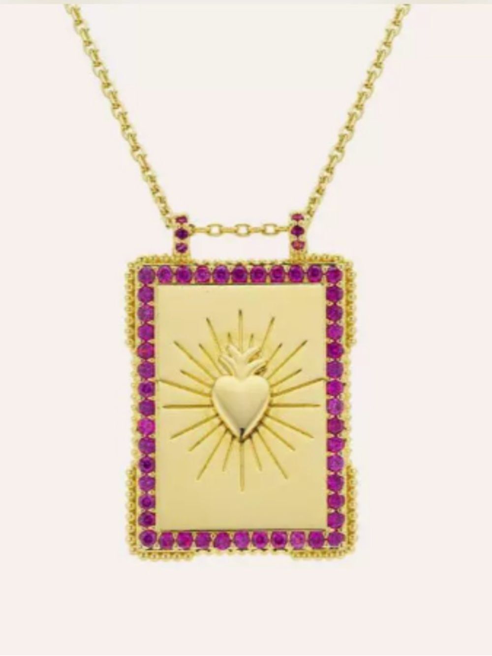 Gold Sacred Heart Rectangle Pendant Necklace with Pink Gem Border